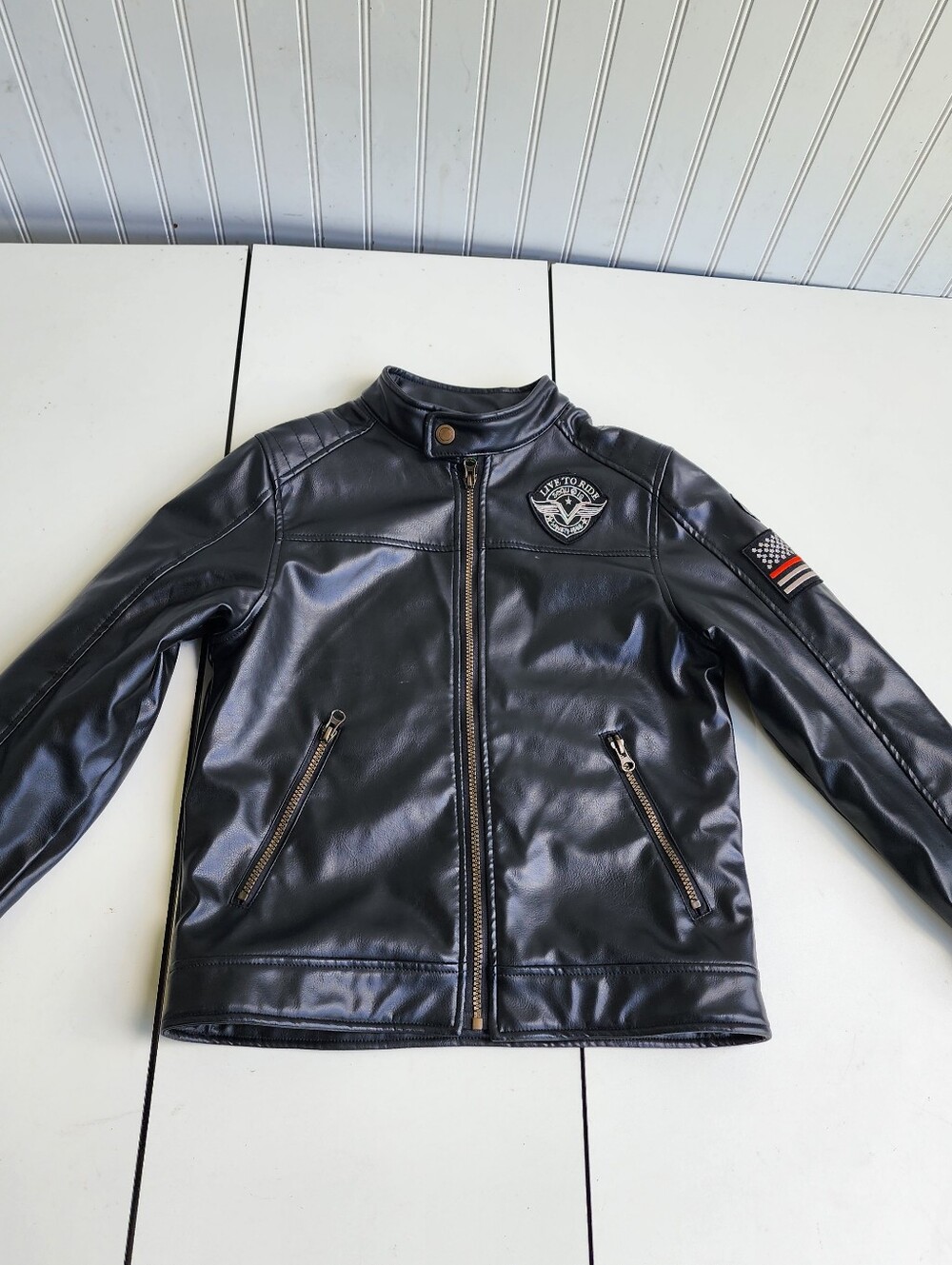 Sequoia Faux Leather Moto Biker Jacket Boys Black Lined  Zip Pockets 10/12